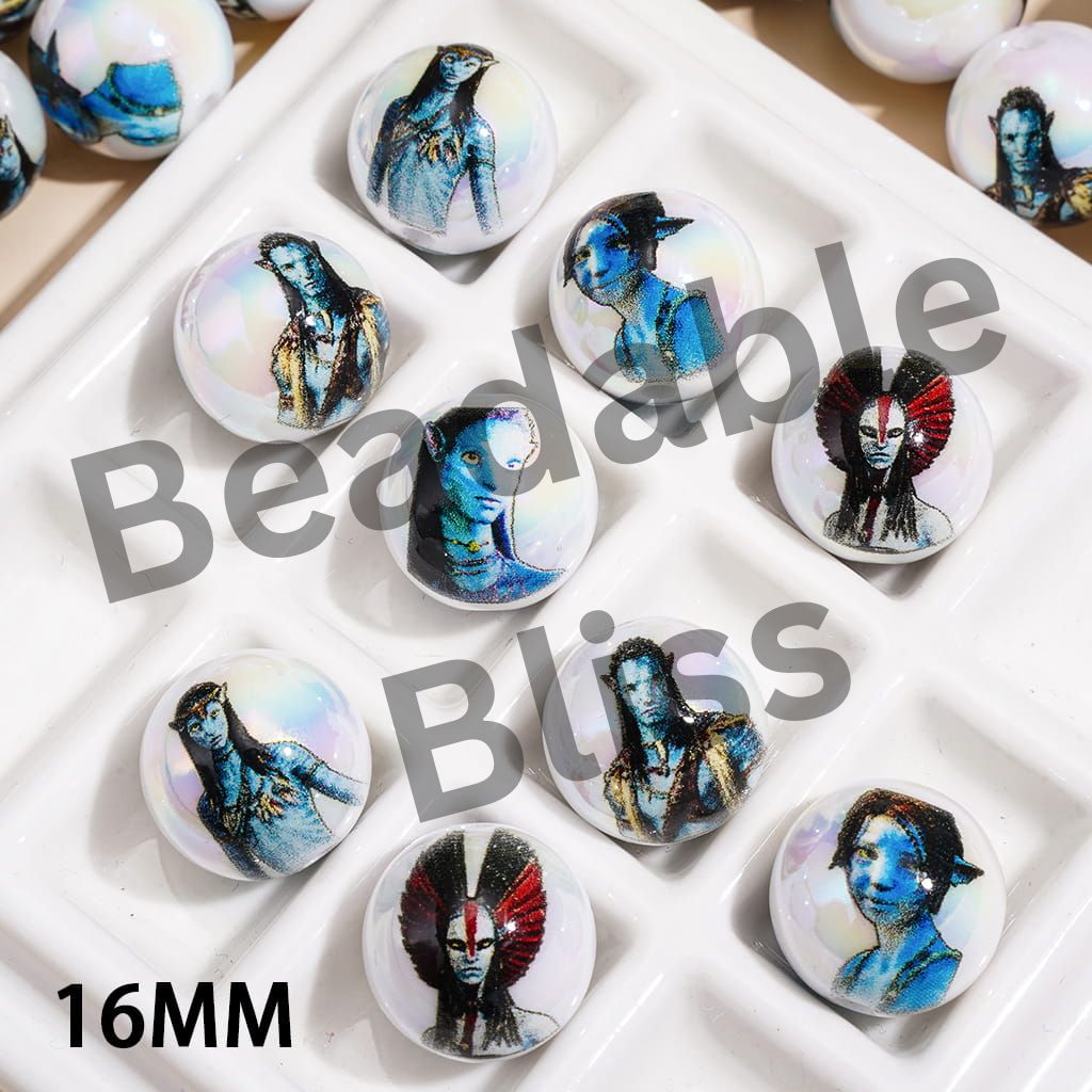 UV Coating Acrylic Beads for Bracelets with Blue Character Print, 16MM, Random Mix