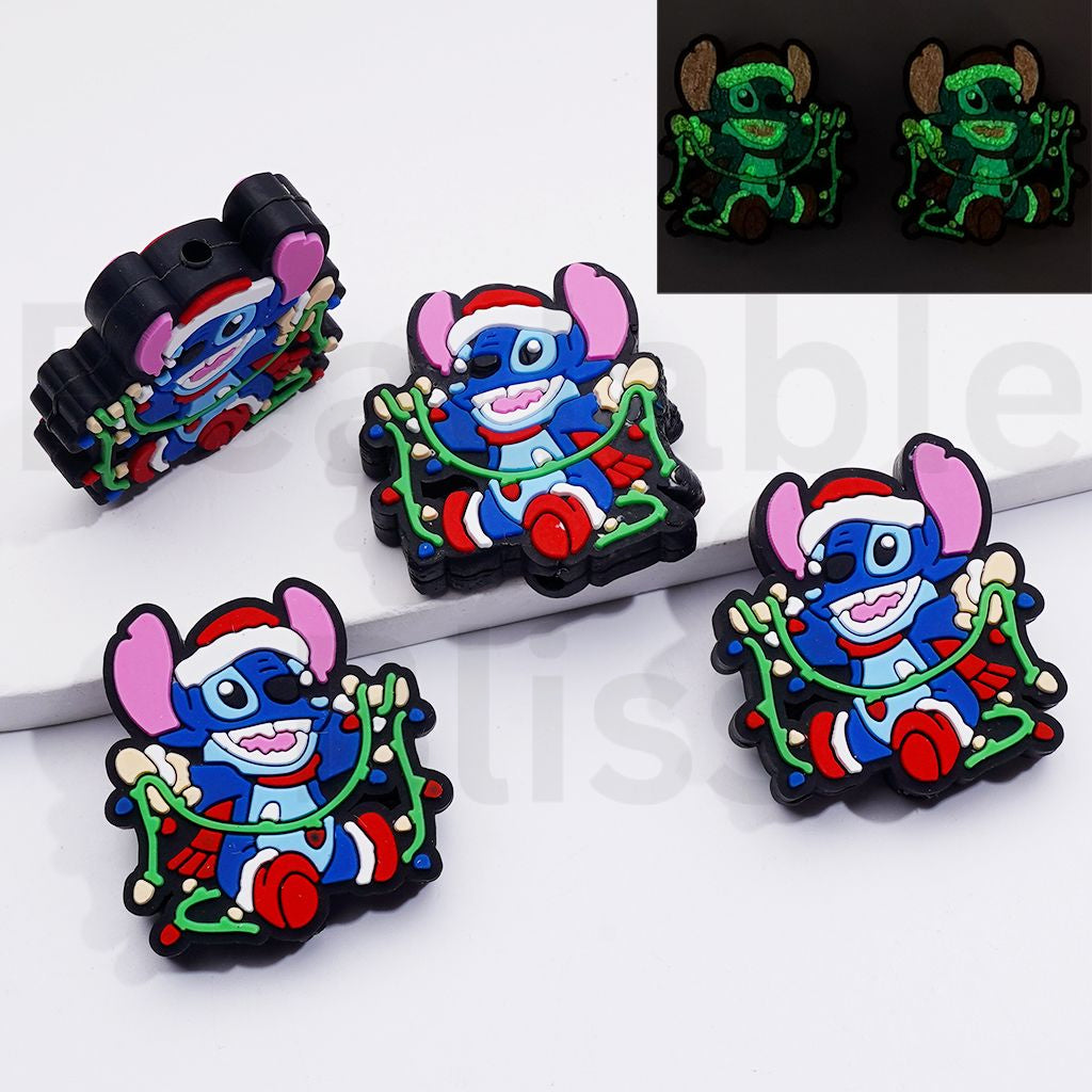 Luminous Cute Stitc with Christmas Hat Holds Christmas Bulbs Disne Silicone Focal Beads