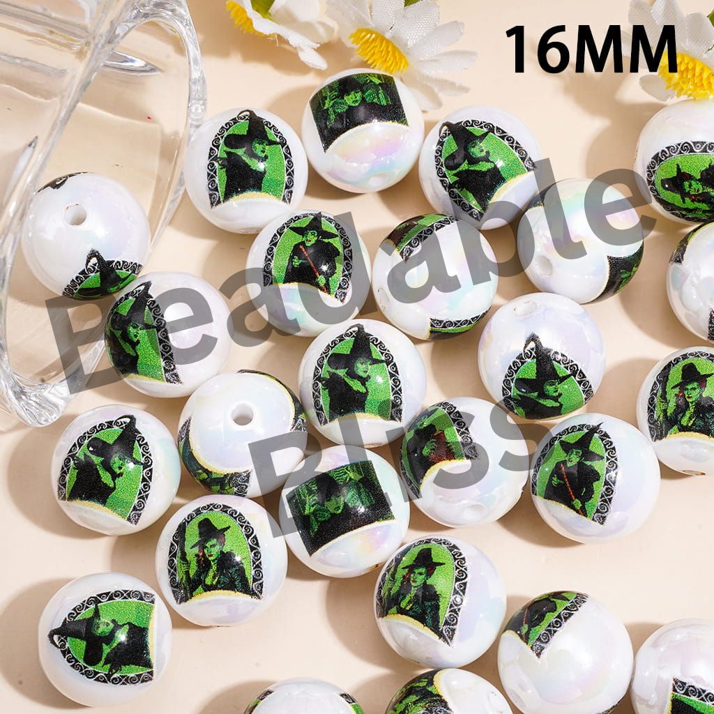 UV Coated Acrylic Beads for Bracelet w Green Witch, Halloween Theme Print, 16MM, Random Mix