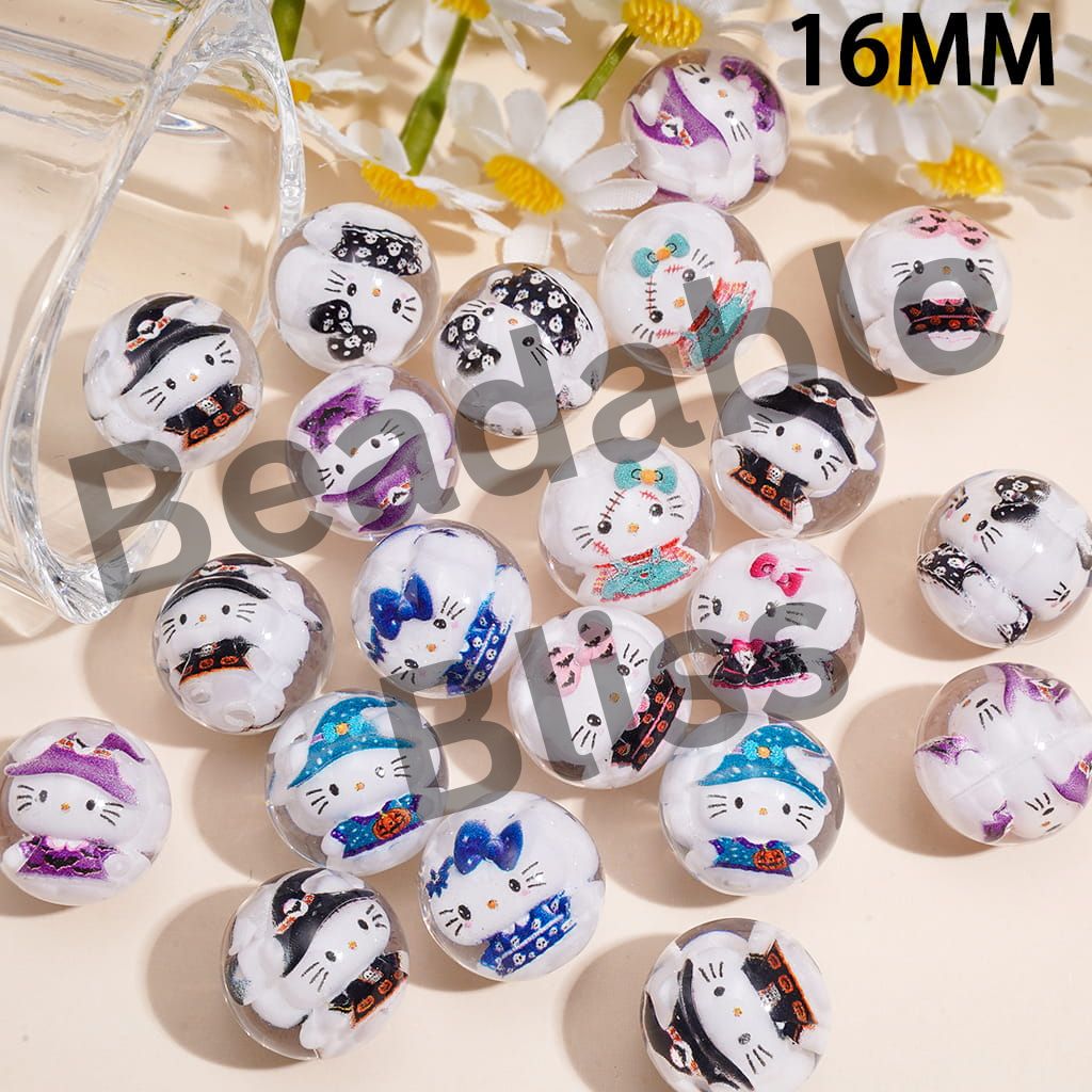 Transparent Acrylic Beads with Halloween Cute Cat Character, 16MM, Random Mix