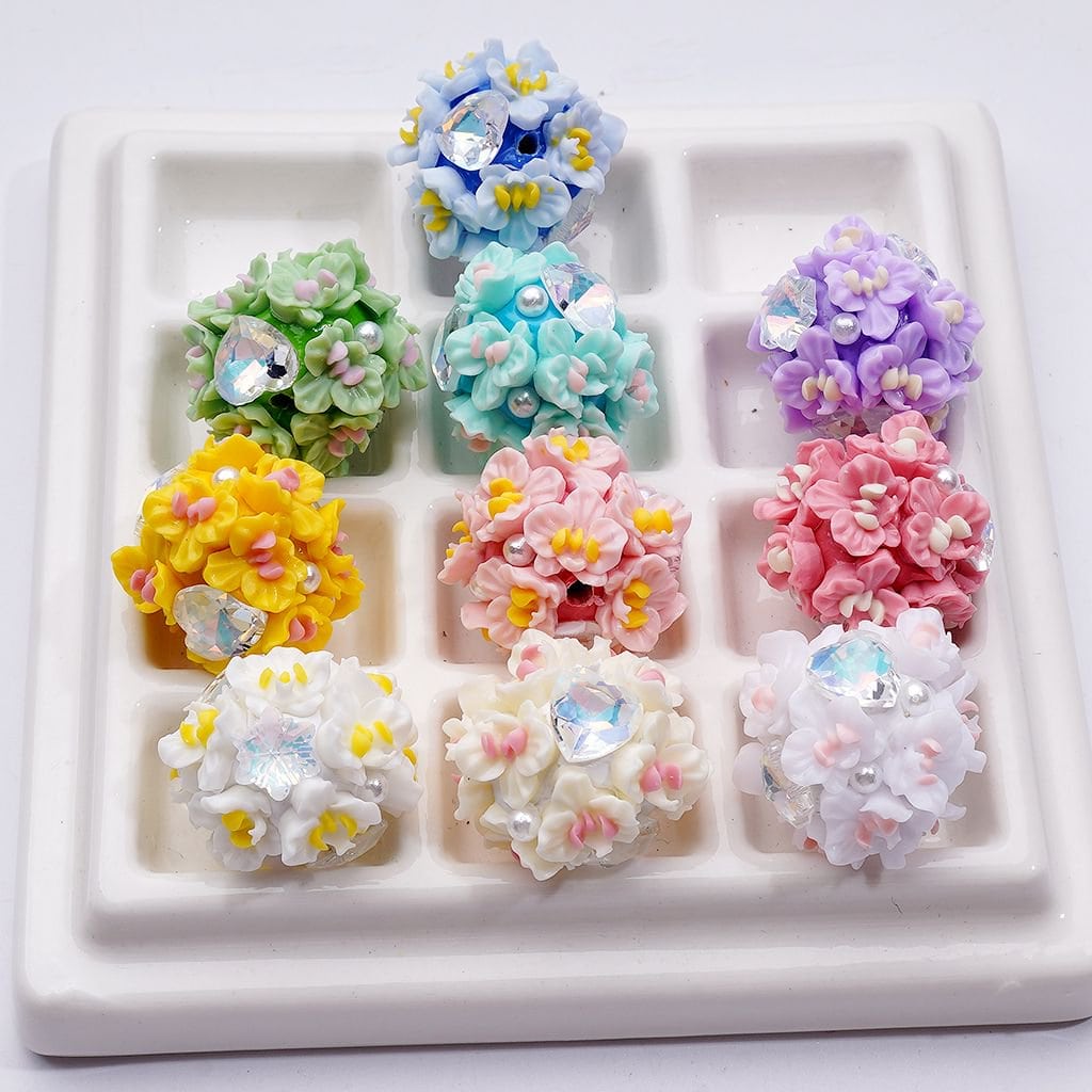 Cute Flowers White Pearls Shiny Snowflakes Hearts Rhinestones Round Clay Beads, Around 22MM, Random Mix