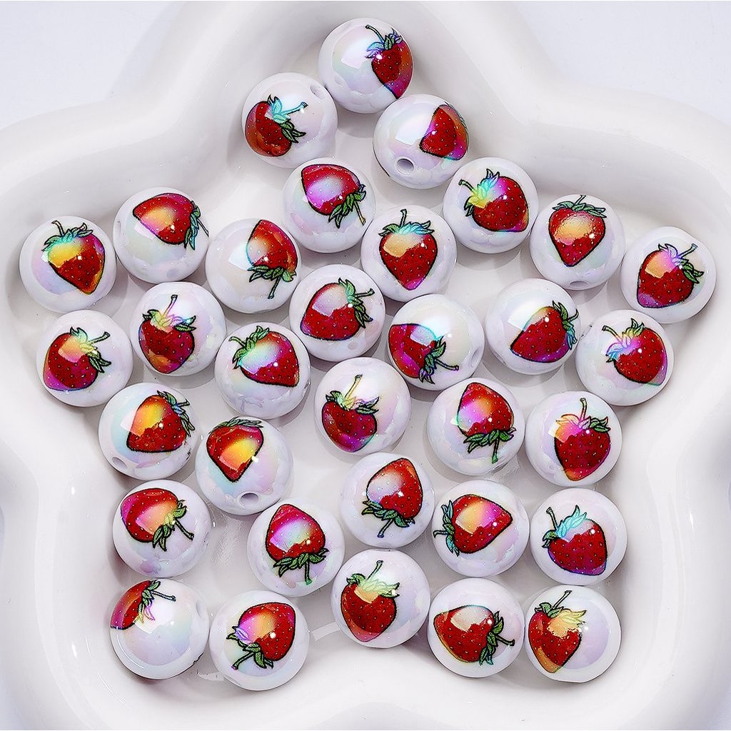 UV Coating Red Strawberries Round Acrylic Beads, 16MM
