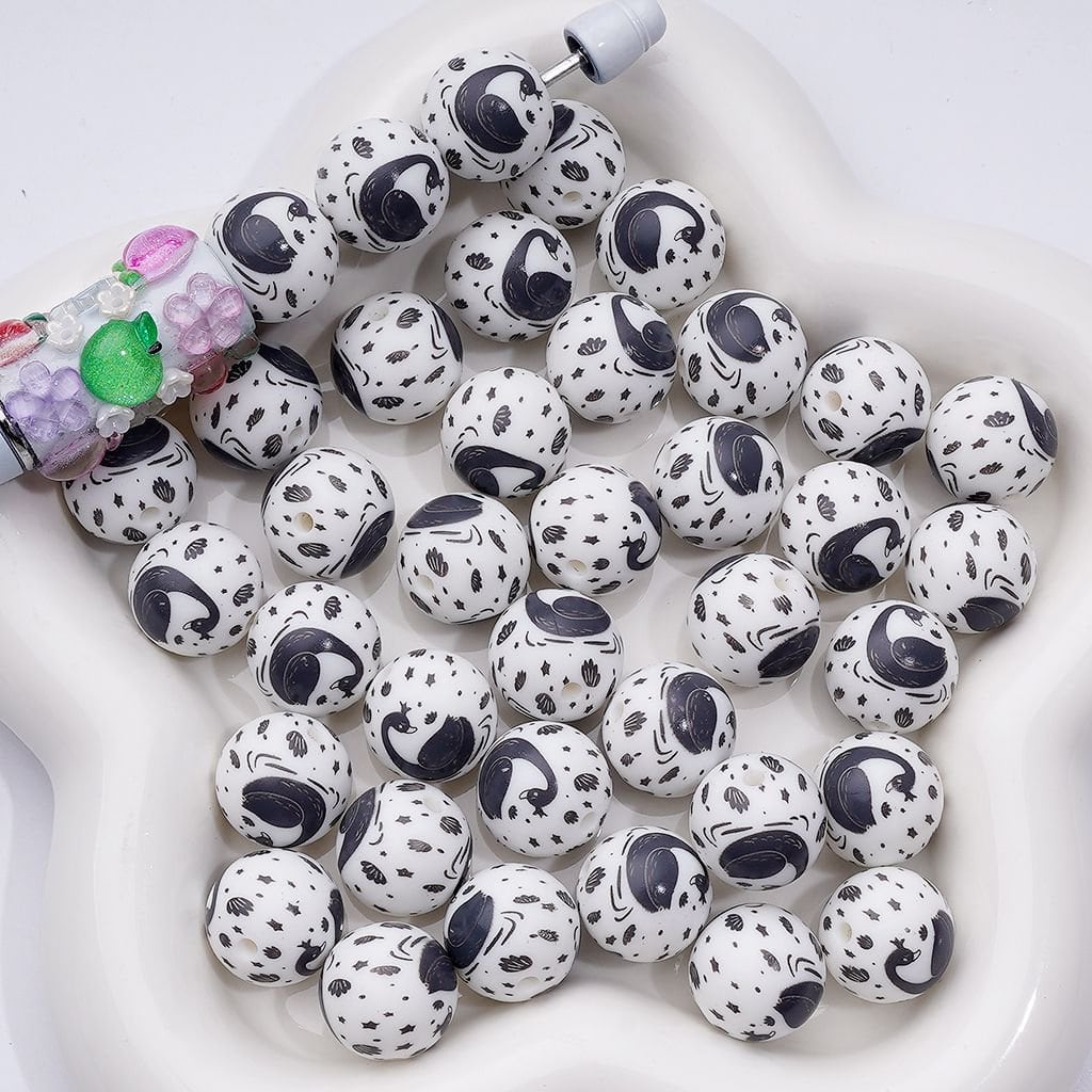 Cute Black Swan Printed Silicone Beads 15MM, Number Z-00241