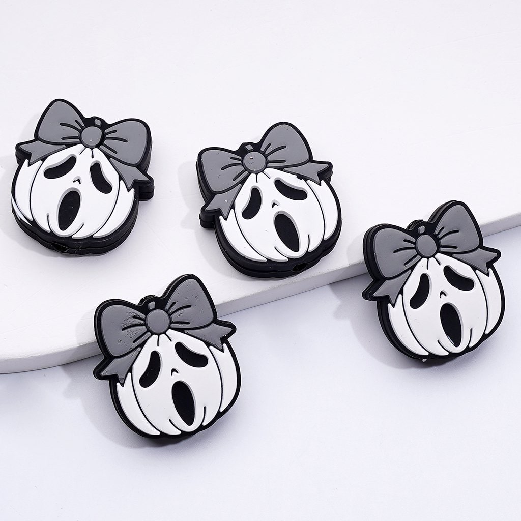 White Pumpkin with Horror Ghost Face Gray Bowknot Halloween Silicone Focal Beads
