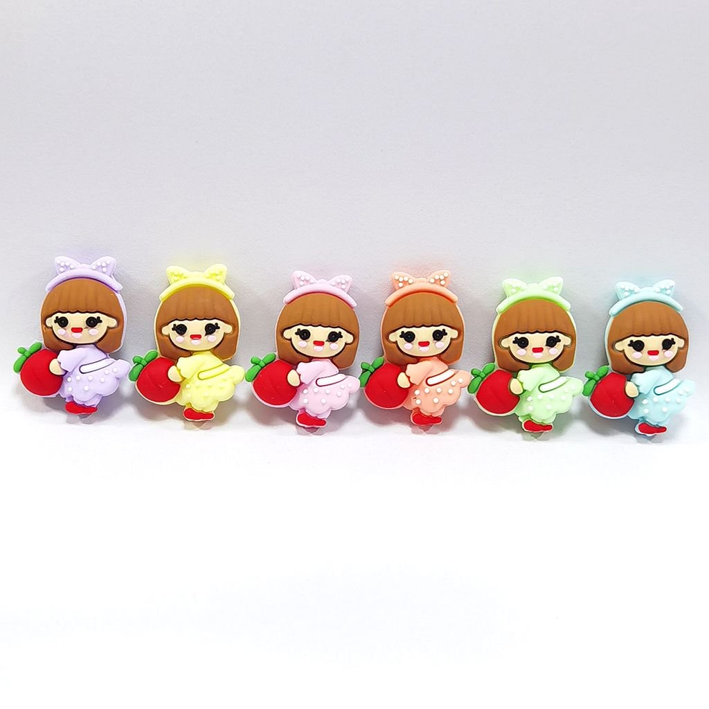 Cute Girls with Hair Bands Hold Red Apples Silicone Focal Beads, Random Mix