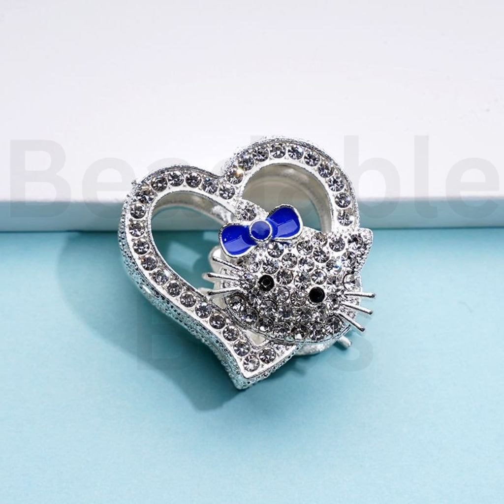 Vivid Cute Silver Alloy Heart HK Kitten with Clear Rhinestones Beads, Around 27*28MM