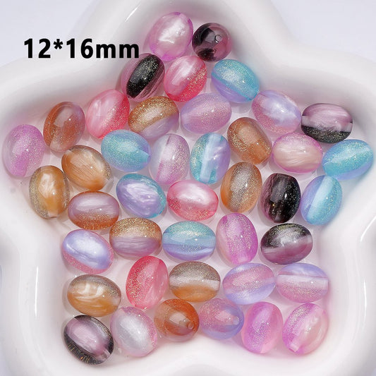 Double Color Glitter Cat Eye Style Oval Shape Acrylic Beads, Around 12*16MM, Random Mix