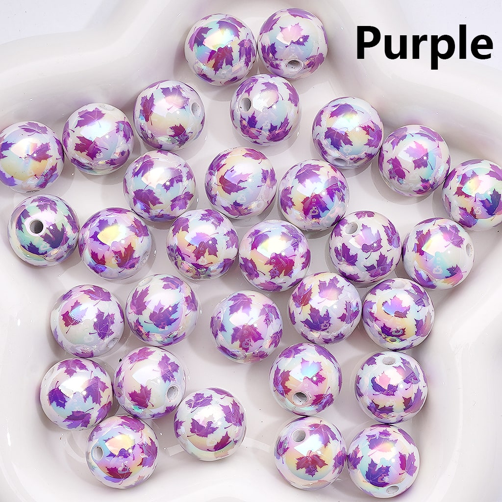 Acrylic Beads UV Coating Maple Leaves Prints Multi-Color, Round 16MM (Single Color is available for 200pcs(Whole Bag))