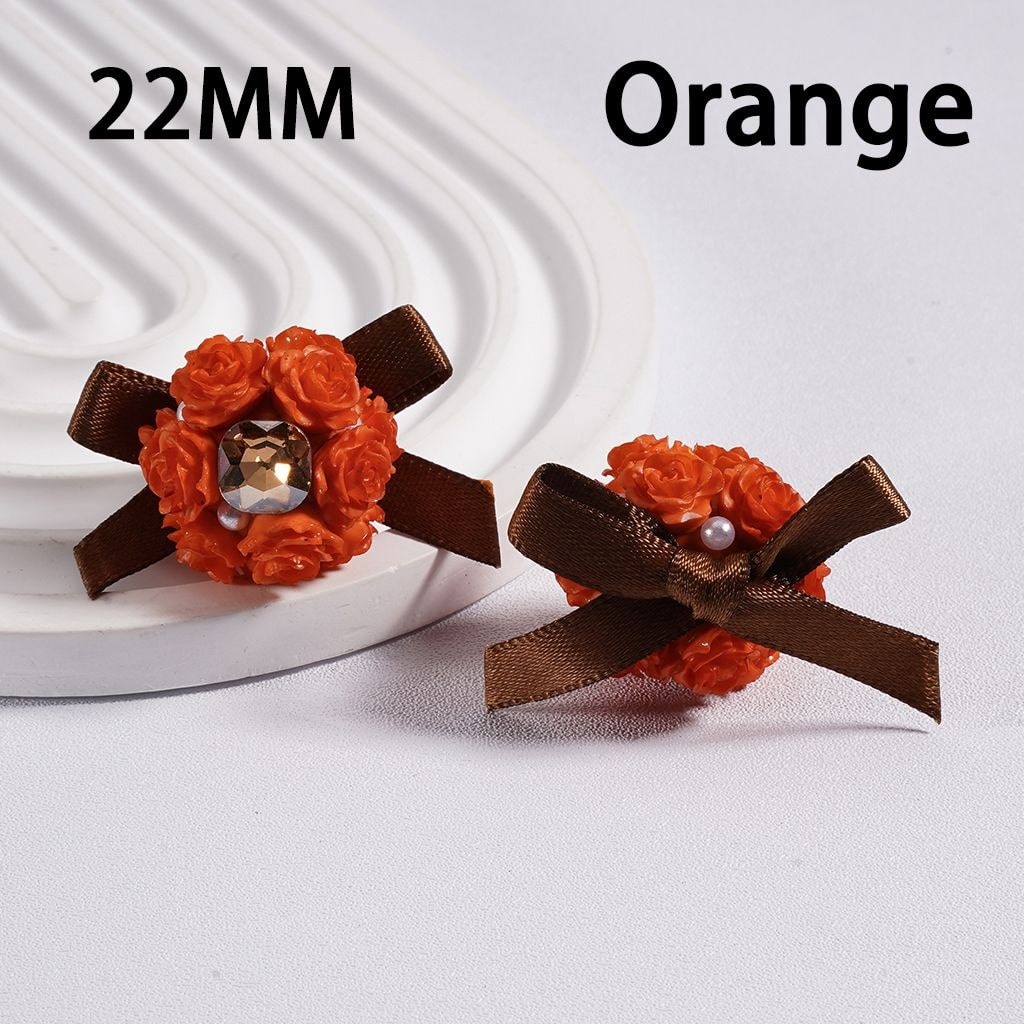 Clay Beads with Luminous Soft Rose Flowers and Shiny Square Rhinestones, White Pearls & Fabric Bowtie Ribbon, 22MM, Multi-Color