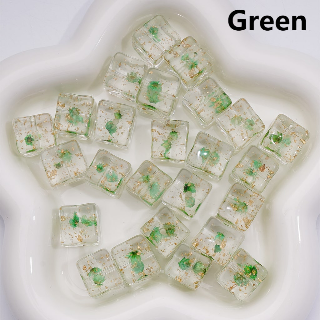 Multi-Color Dried Flowers Gold Foil Paper Inside Clear Cube Square Acrylic Beads, 14-15MM (Single Color is available for 200pcs(Whole bag))