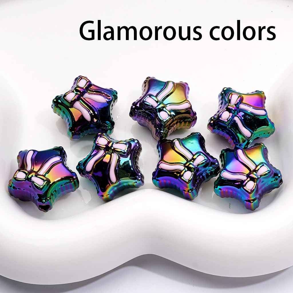 Acrylic Beads UV Coating Shiny Five-Pointed Star with Bowknots, Multi-Color, 20MM (Single Color is available for 200pcs(Whole Bag))