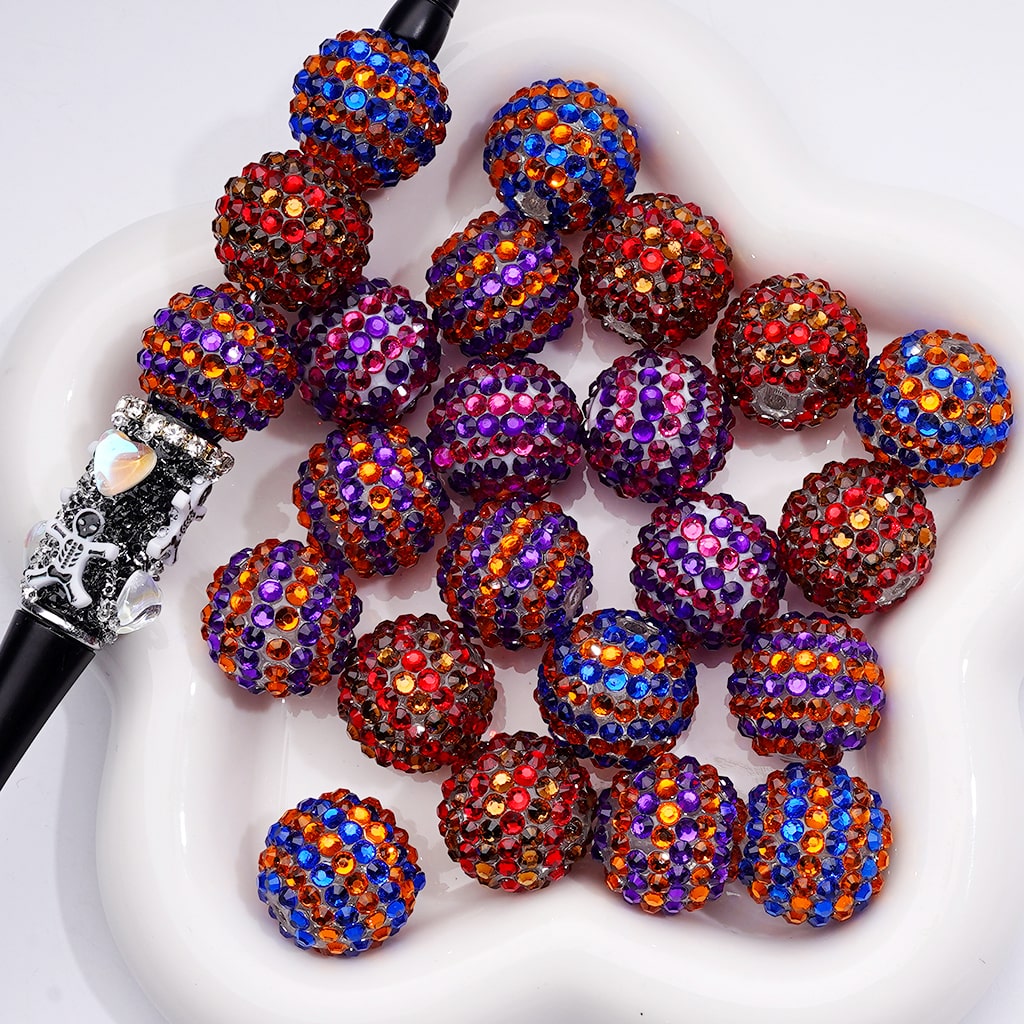 Double Color Shiny Rhinestones Stripes Round Acrylic Beads, 20MM