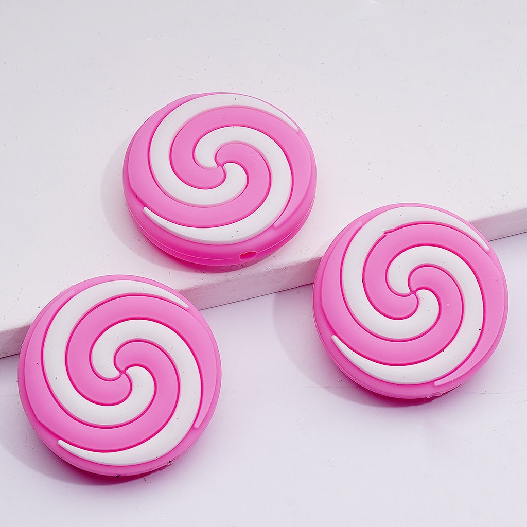 Multi-Color Swirls Stripes Lollipop Candy Round Flat Silicone Focal Beads