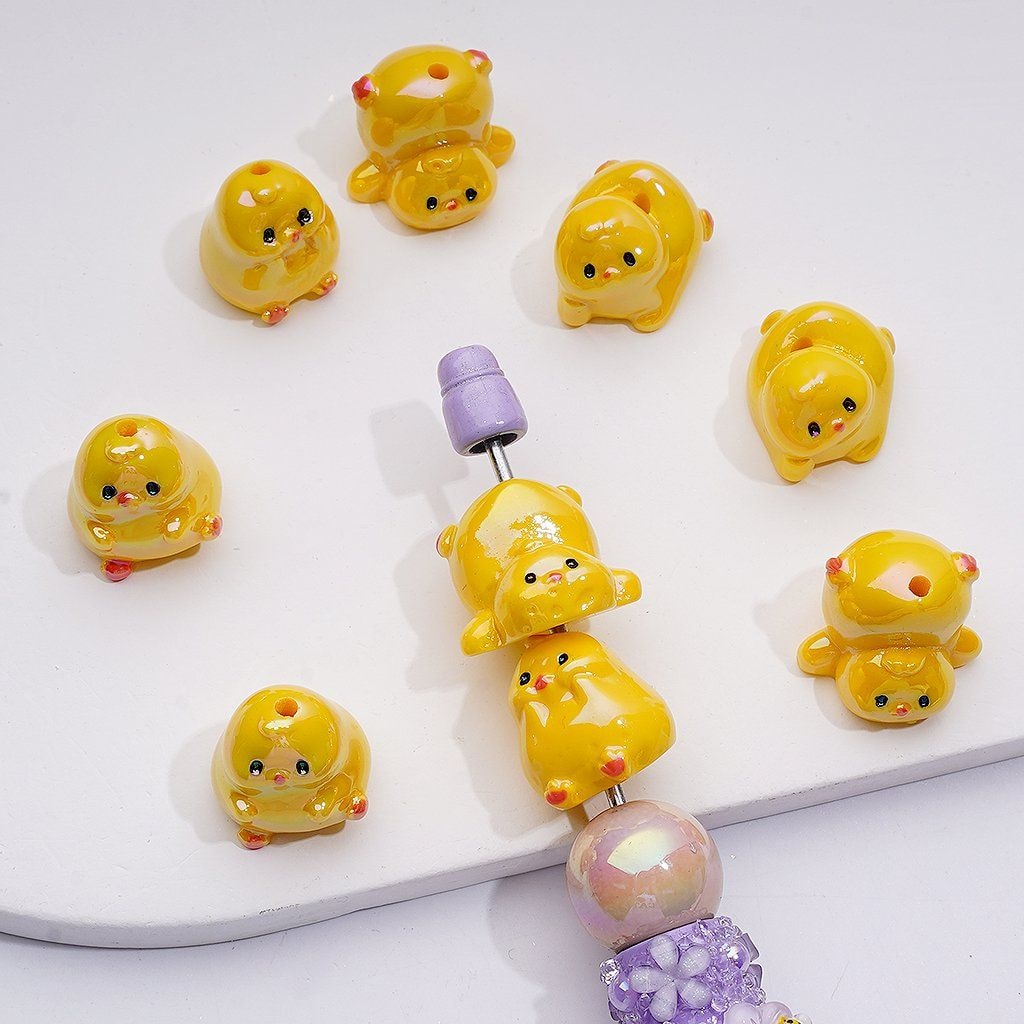 UV Coating Cute Yellow Chick Acrylic Beads, 17*16MM