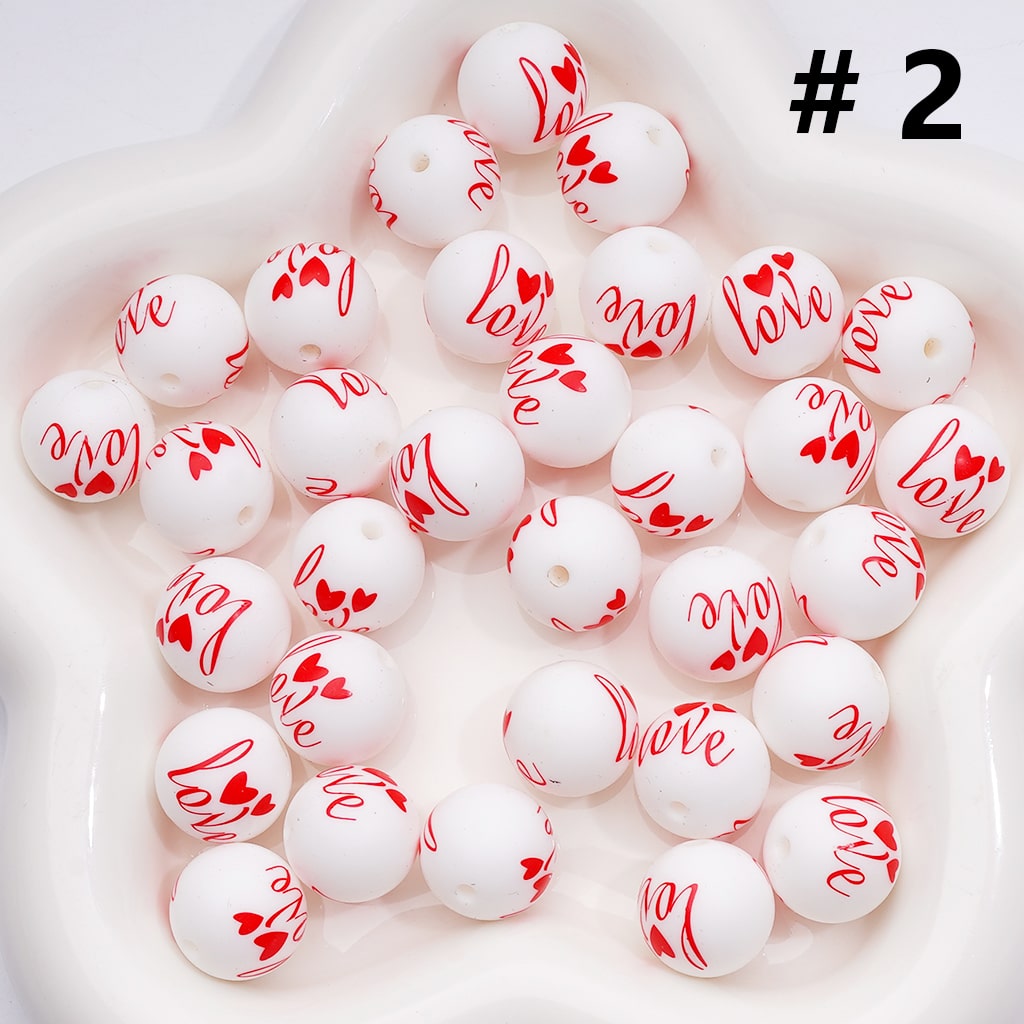 Printed Silicone Beads Red Love Heart Valentine's Day Prints, White 15MM, Numer Z-00282