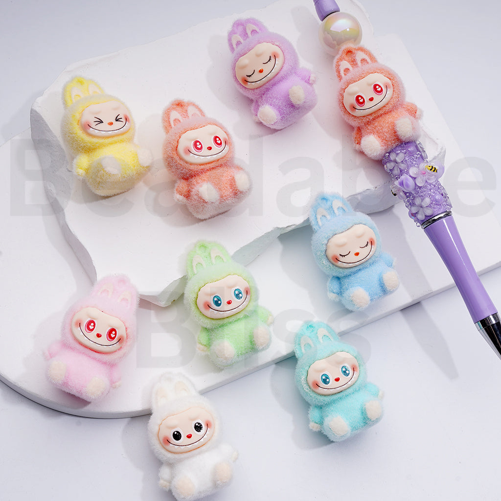 Cute Flocked Multi-Color Labub with Hided Dangle Ring Pendant Pen Topper Acrylic Beads Jewelry Accessories, 26*40MM