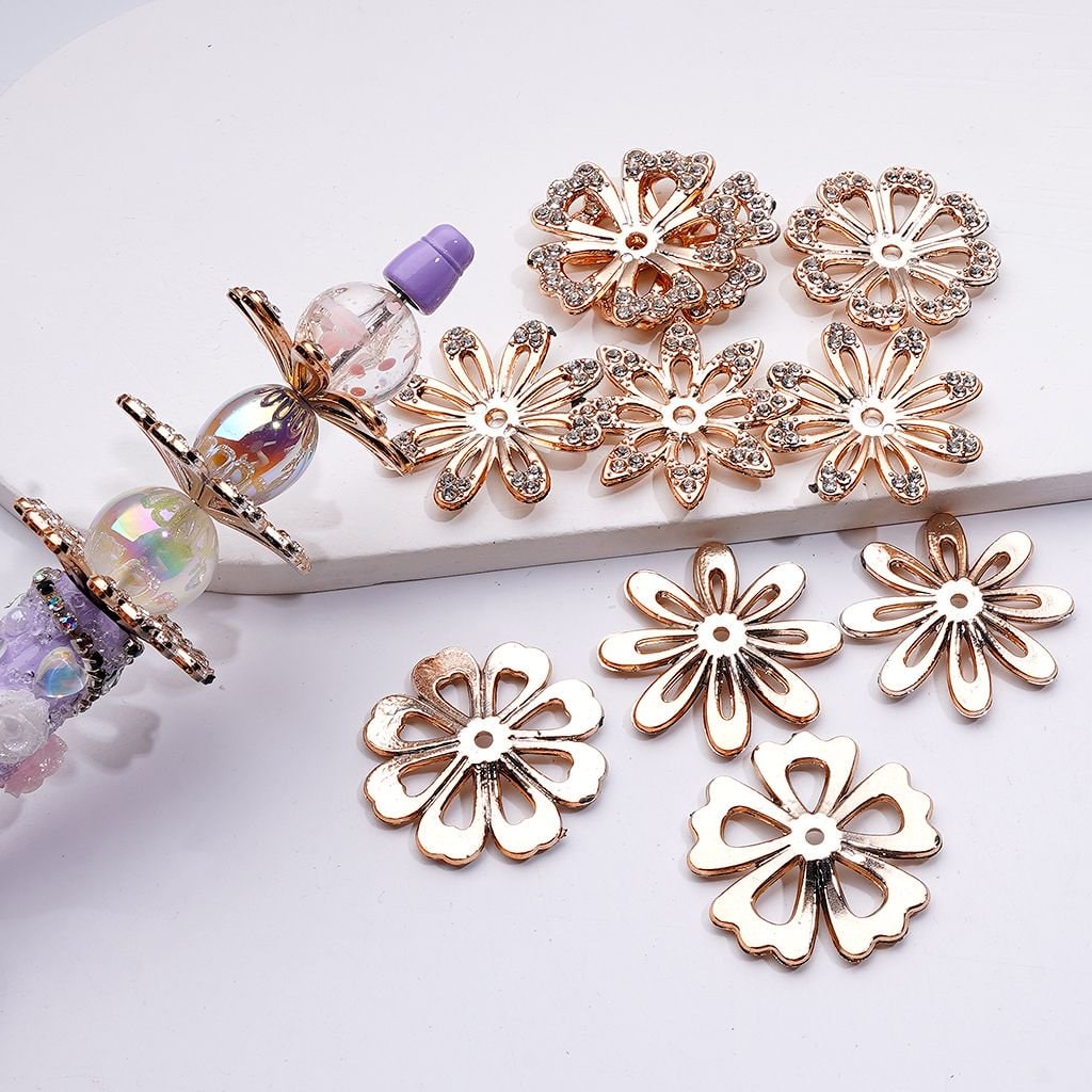 Gold Acrylic Small Petal Flower with Clear Rhinestones Jewelry Accessories Spacer, Around 32MM, Random Mix