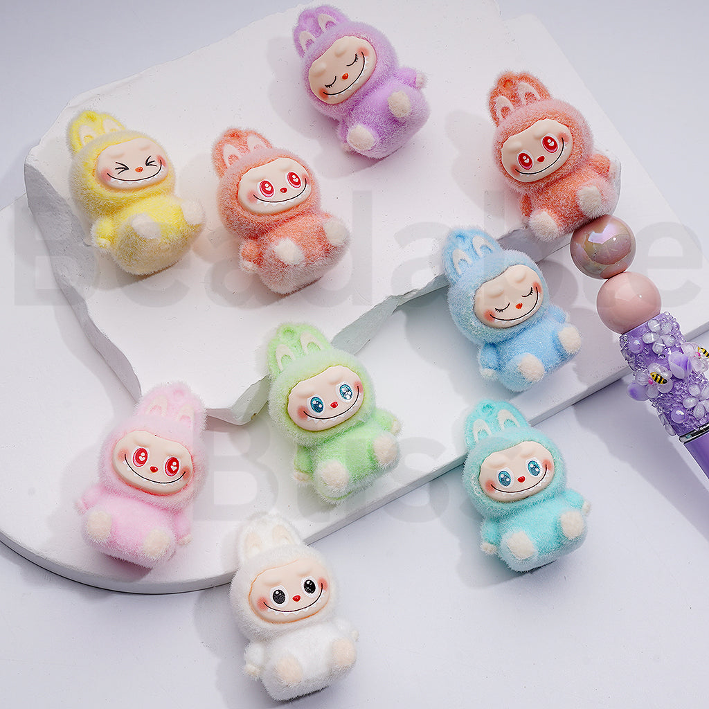 Cute Flocked Multi-Color Labub with Hided Dangle Ring Pendant Pen Topper Acrylic Beads Jewelry Accessories, 26*40MM