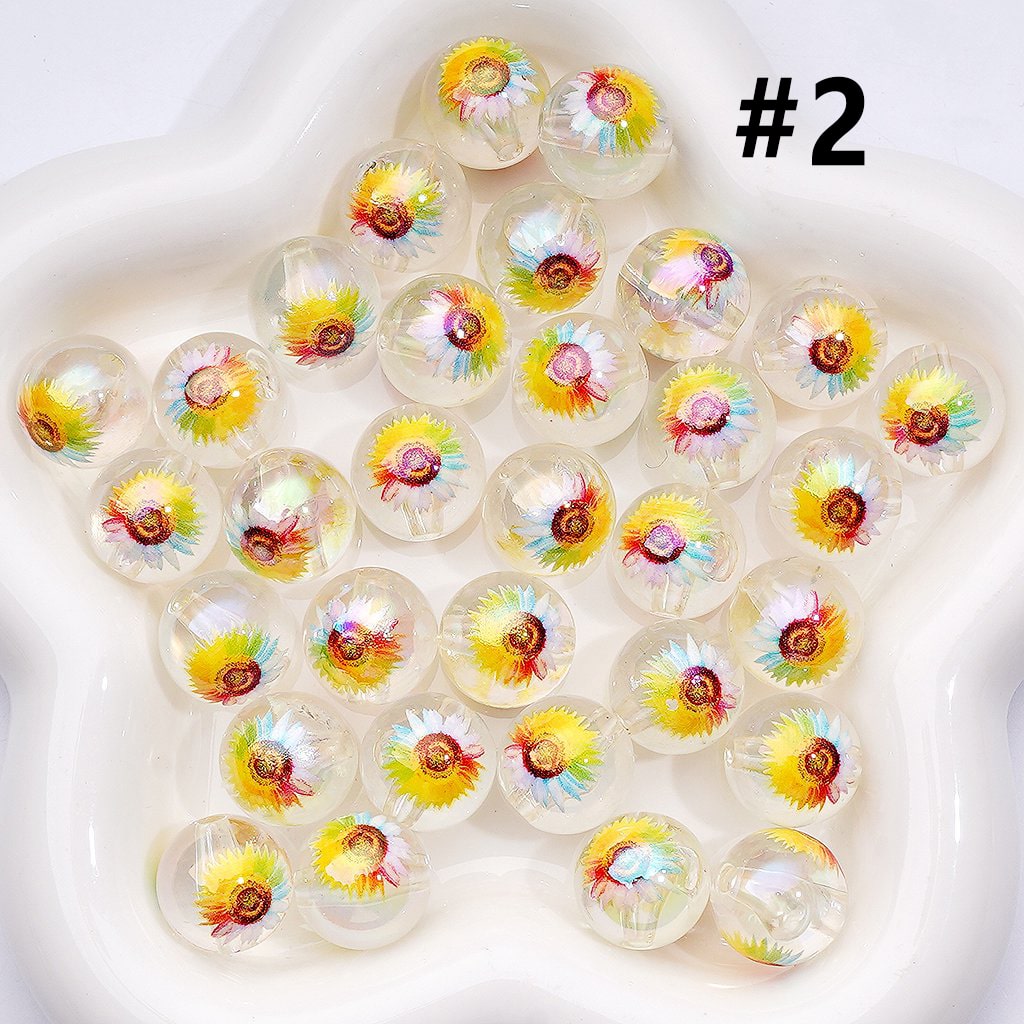 UV Coating Sun Flowers Clear White Round Acrylic Beads, 16MM