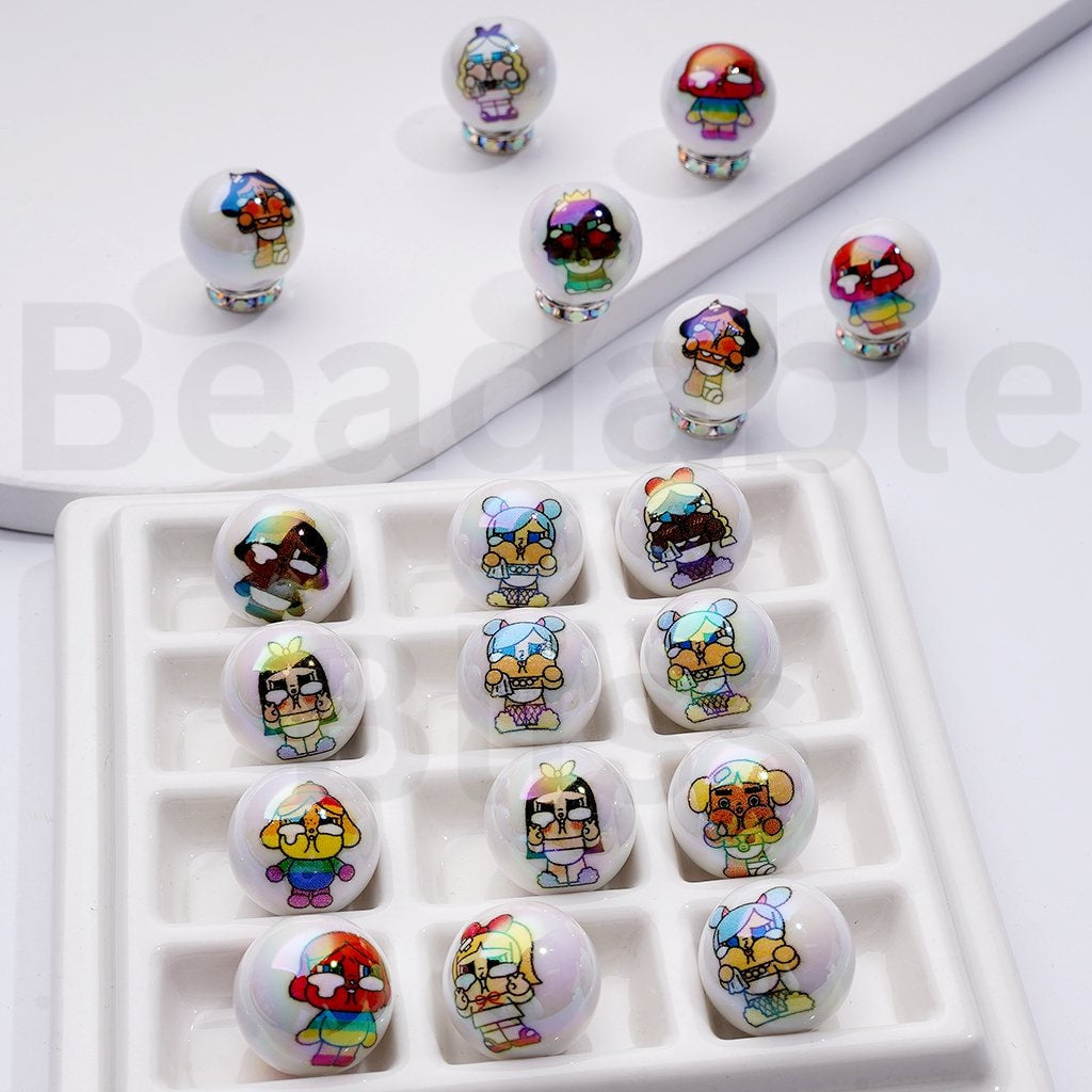 UV Coating Cute Cry Bab Pop Mar Round Acrylic Beads, 16MM, Random Mix