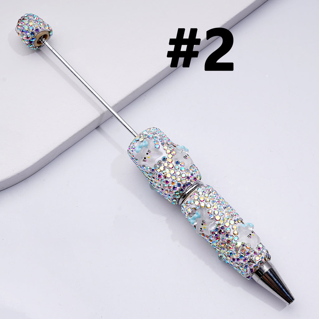 Beadable Clay Pens with Cute HK Kitten with Bows Mini AB Rhinestones Covered the Entire Pen