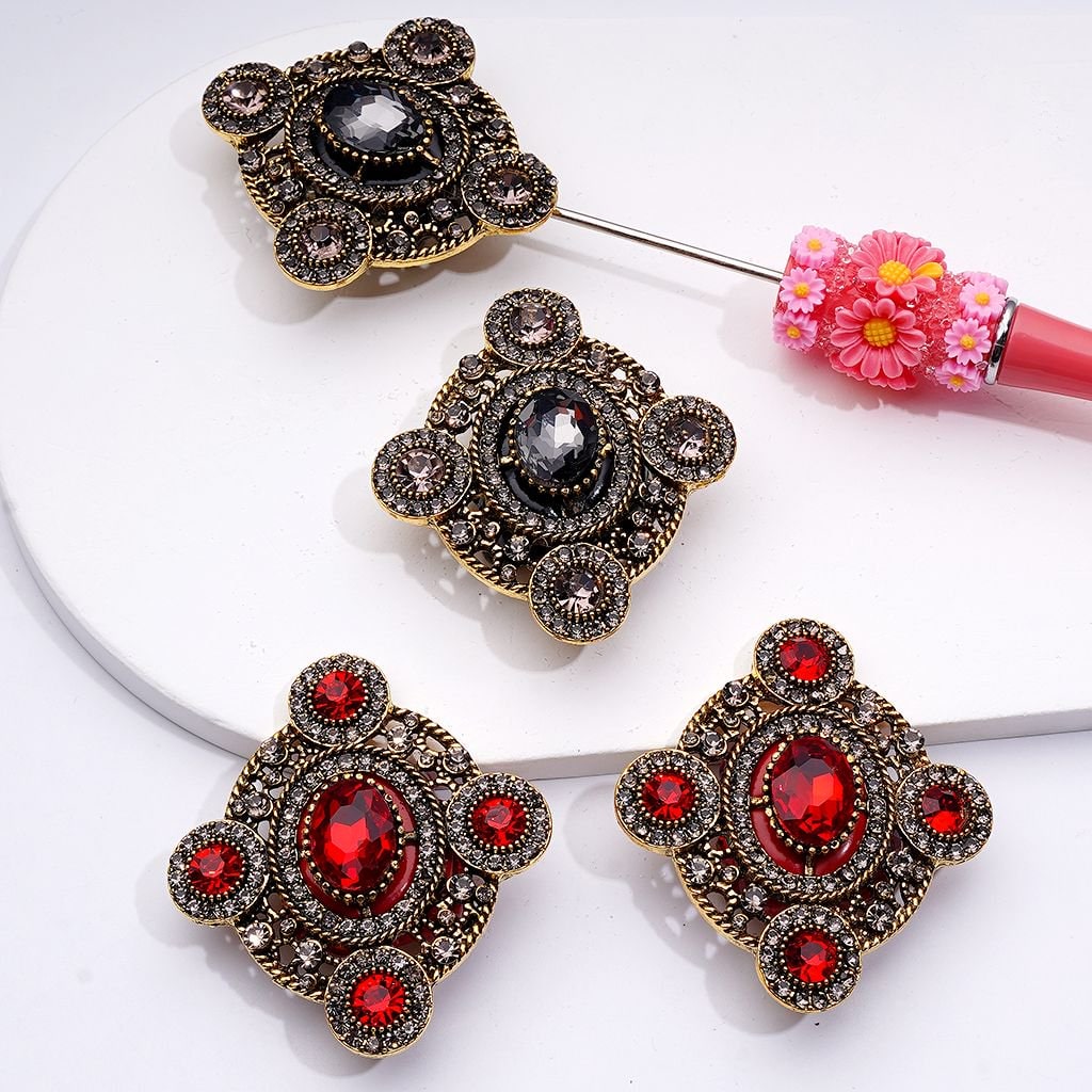 Delicate Fancy Copper Gold Alloy Elliptical Badge Brooch with Shiny Rhinestones White Pearls Cute Hearts Flowers Snowflakes Clay Beads, Around 46*50MM