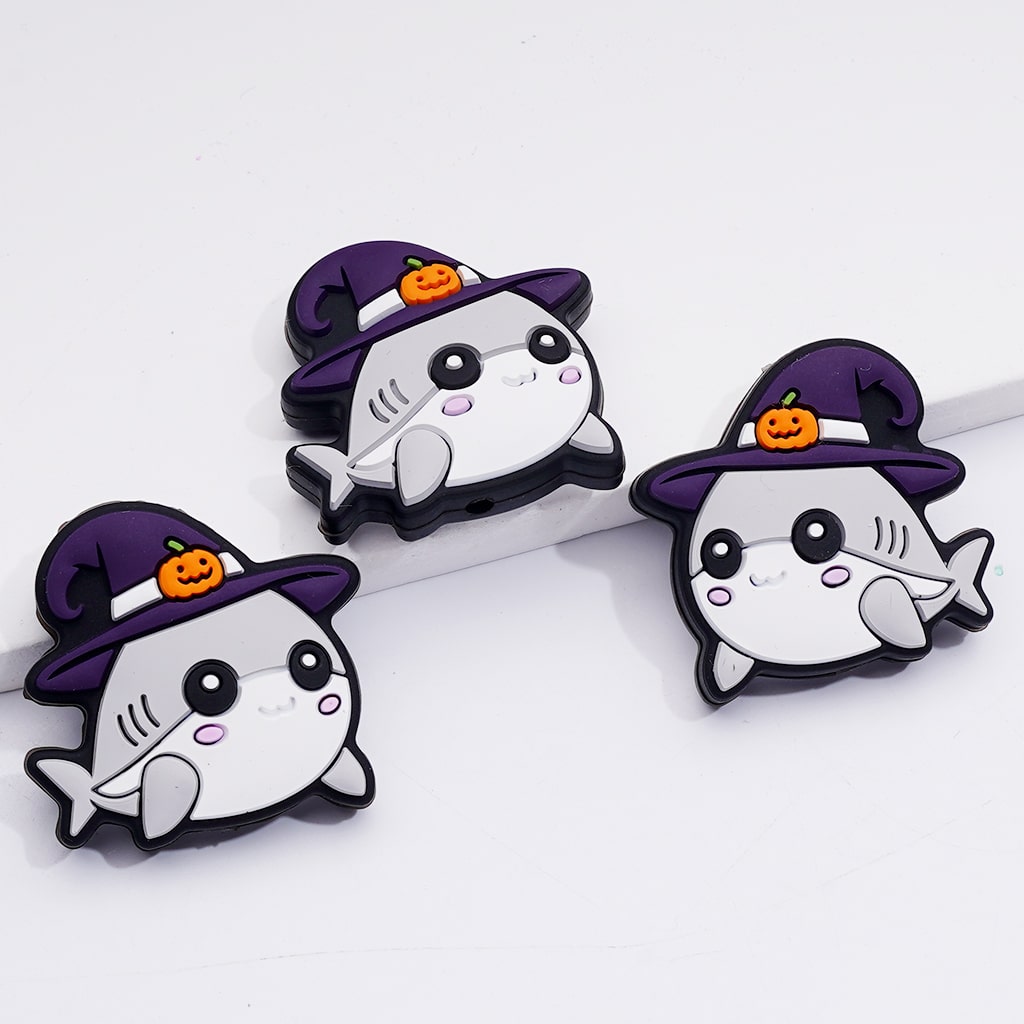 Halloween Series Cute Shark with Wizard Hat Mini Ghost Face Pumpkin Little White Ghost Holds Orange Ghost Face Balloon Basket Hat Silicone Focal Beads