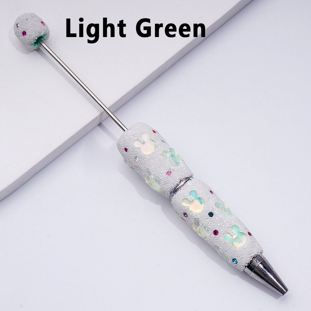 Beadable Clay Pens with Cute Bunny Heads Colorful Shiny Rhinestones Mini Snow Balls Covered the Entire Pen
