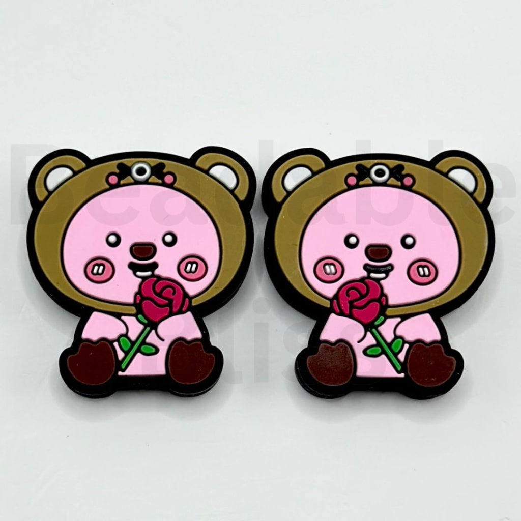 Cute Pink Loop in Brown Hat Holds a Rose Flower Poror the Little Penguin Silicone Focal Beads