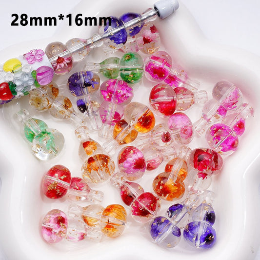 絶妙でかわいいドライフラワーミニゴールド箔紙入り透明ラゲナリアシセラリアひょうたん型アクリルビーズ、約28×16MM