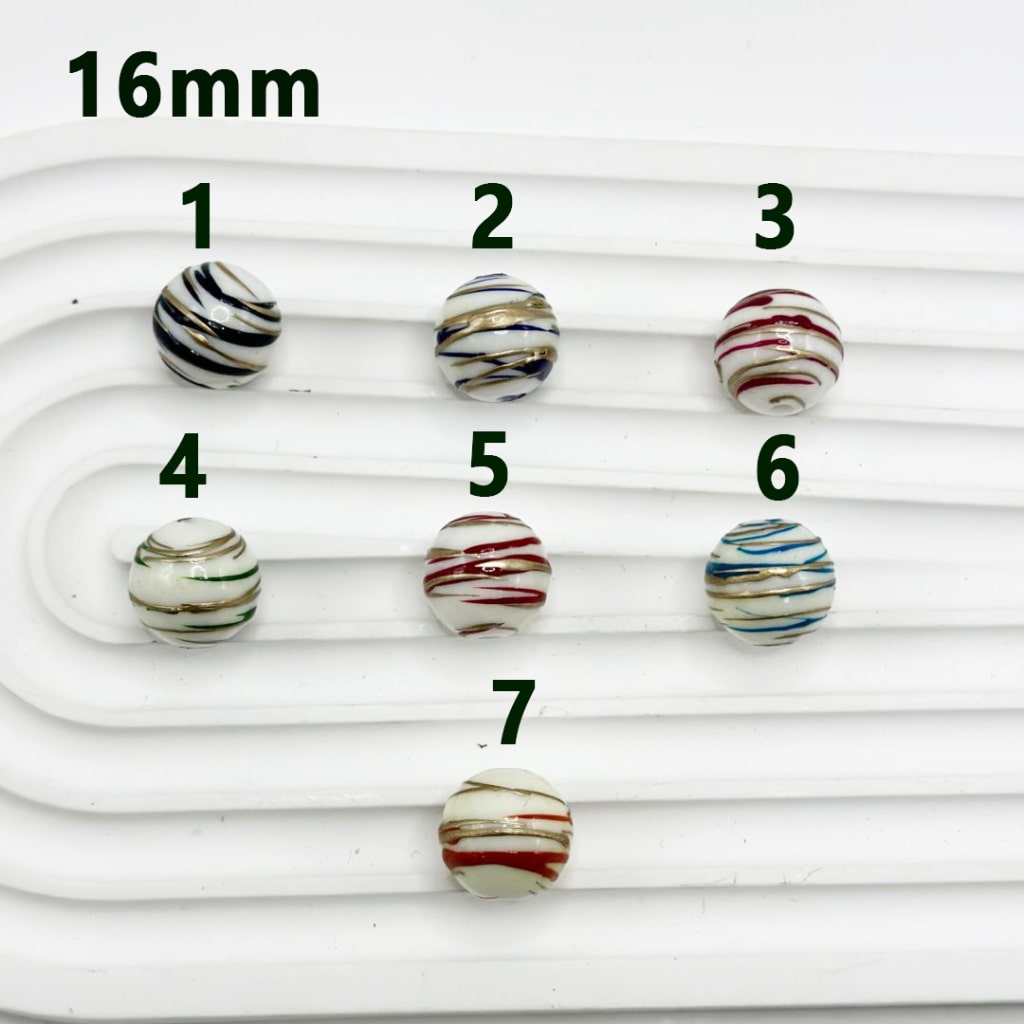 カラフル&ゴールドの渦巻きストライプ ホワイト ラウンド アクリル ビーズ 16mm