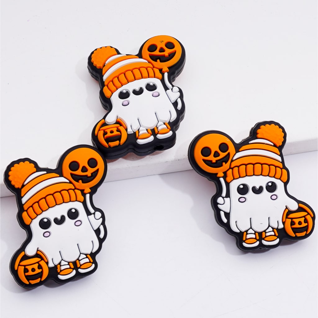 Halloween Series Cute Shark with Wizard Hat Mini Ghost Face Pumpkin Little White Ghost Holds Orange Ghost Face Balloon Basket Hat Silicone Focal Beads