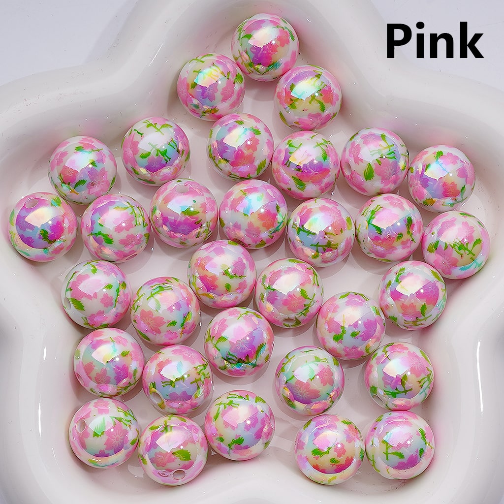 Acrylic Beads, UV Coating Cute Red Pink Purple Plum Blossom Flowers, White 16MM