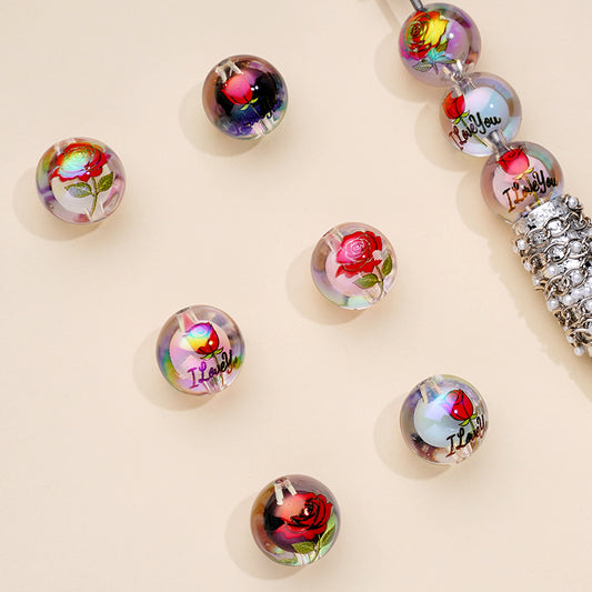 Red Rose Flower Clear Round Acrylic Beads Small Beads Inside, 16MM