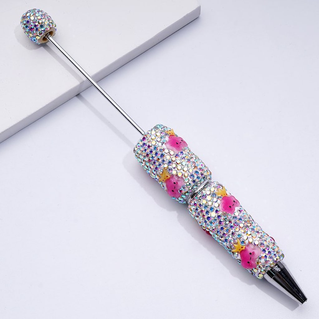 Beadable Clay Pens with Cute Pink Cloud with Crown Mini AB Rhinestones Covered the Entire Pen