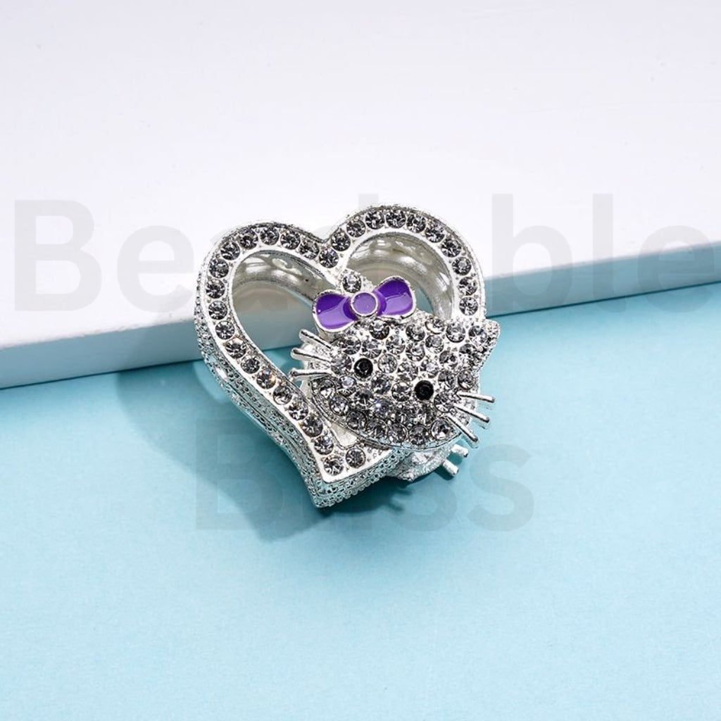 Vivid Cute Silver Alloy Heart HK Kitten with Clear Rhinestones Beads, Around 27*28MM