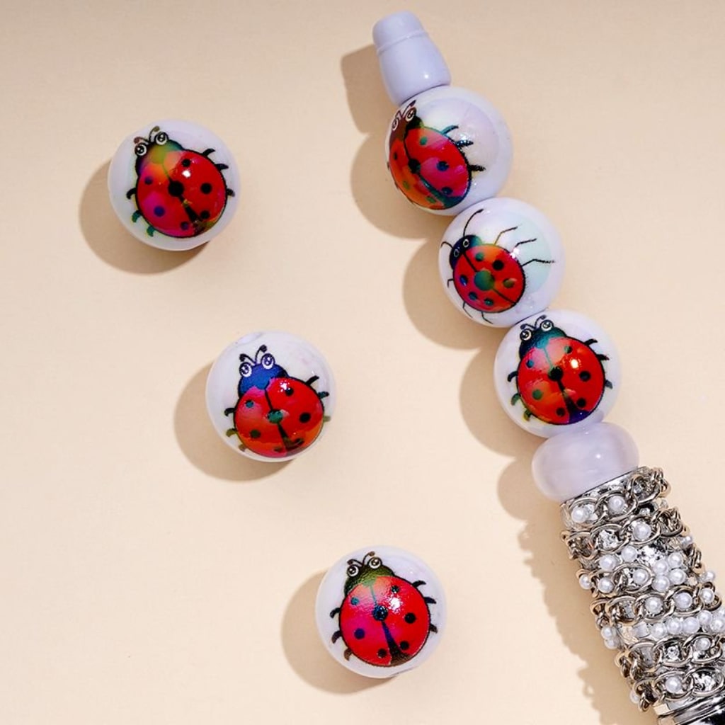 UV Coating Red Ladybugs White Round Acrylic Beads, 16MM