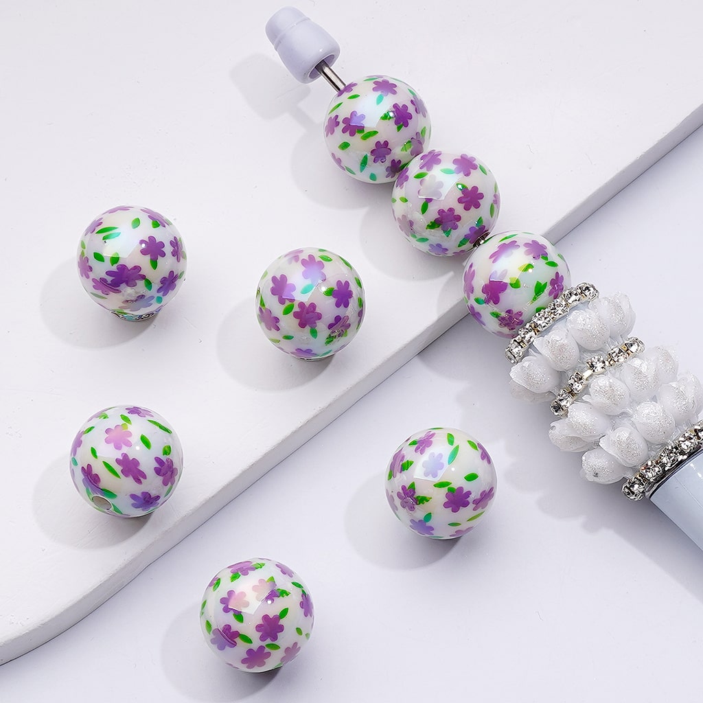 UVコーティング ミニ パープル ピンク レッド フラワー ラウンド アクリル ビーズ 16MM