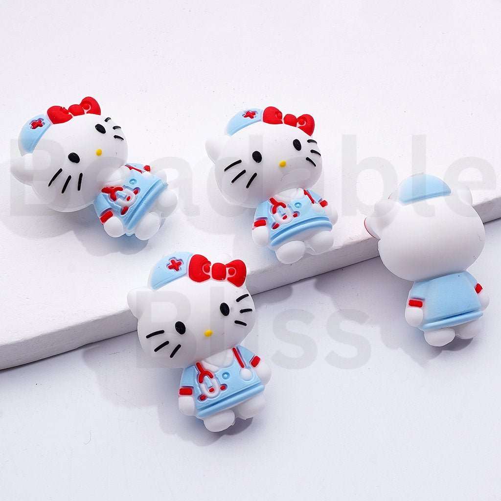 3D Cute Purple Blue Pink Hell Kitt Nurse Silicone Focal Beads, Random Mix