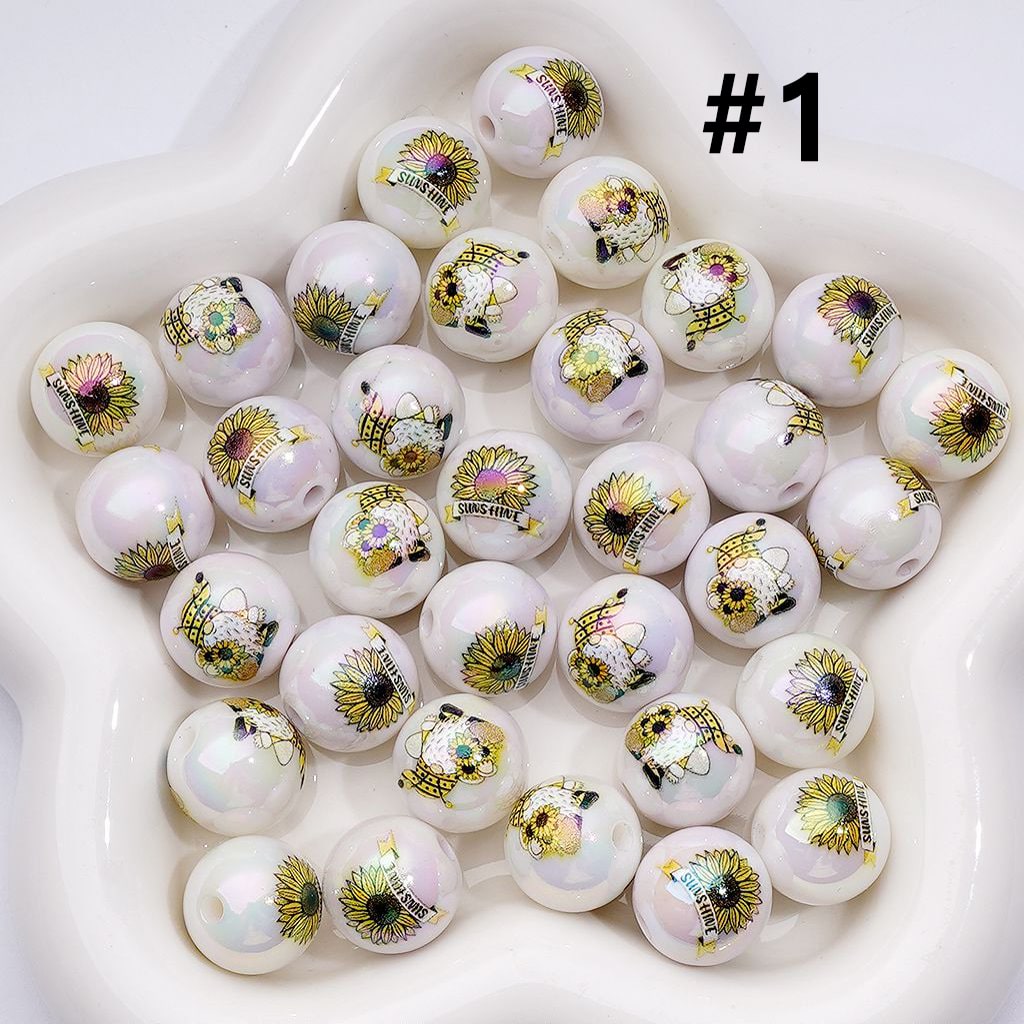 UV Coating Sun Flowers Clear White Round Acrylic Beads, 16MM