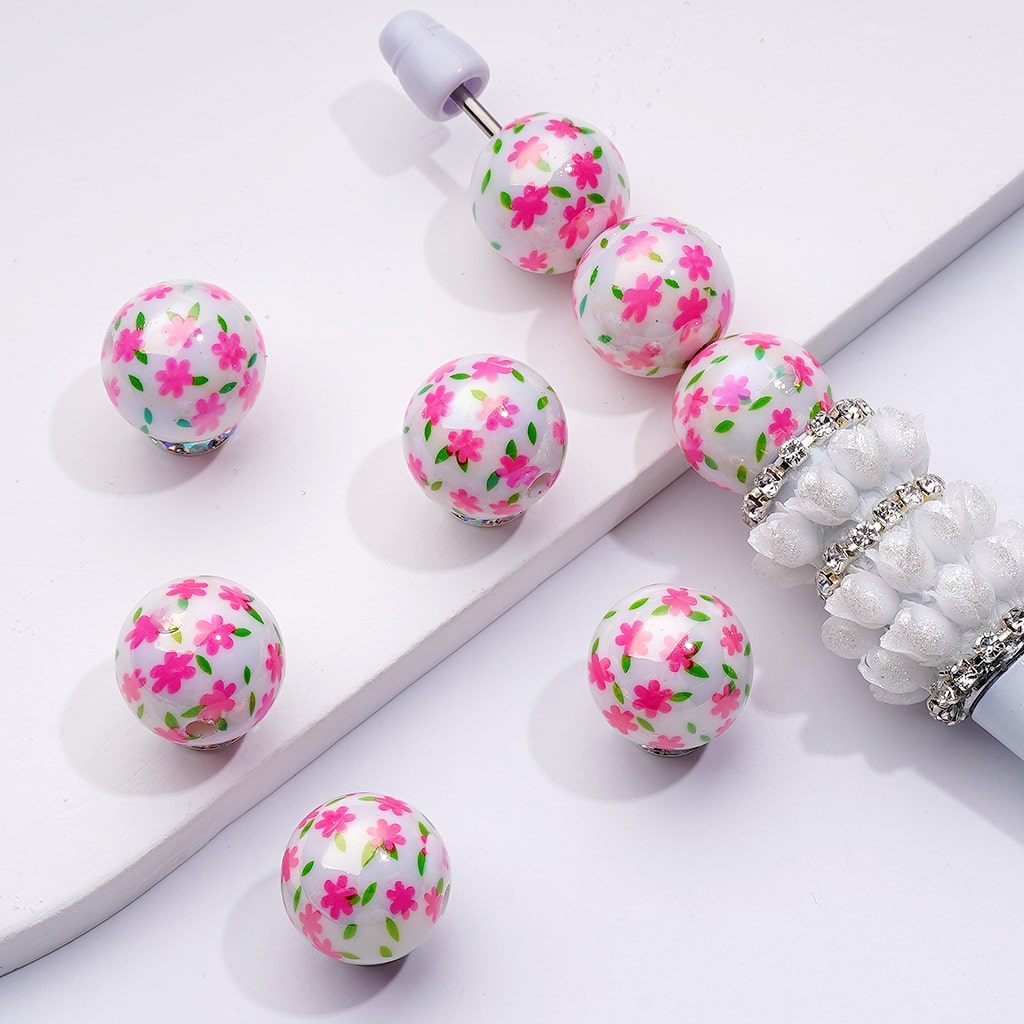 UVコーティング ミニ パープル ピンク レッド フラワー ラウンド アクリル ビーズ 16MM