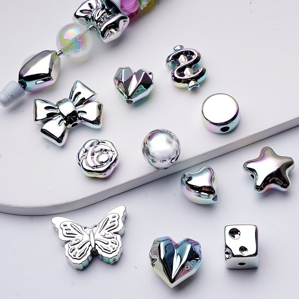 Laser Galaxy Iridescent Holographic Metallic Silver Color Twisty Heart Cube Cheese Star Bowknots Hearts Rose Flower US Dollar Rhombus Round Flat Butterfly Round Ball Acrylic Beads, Random Mix