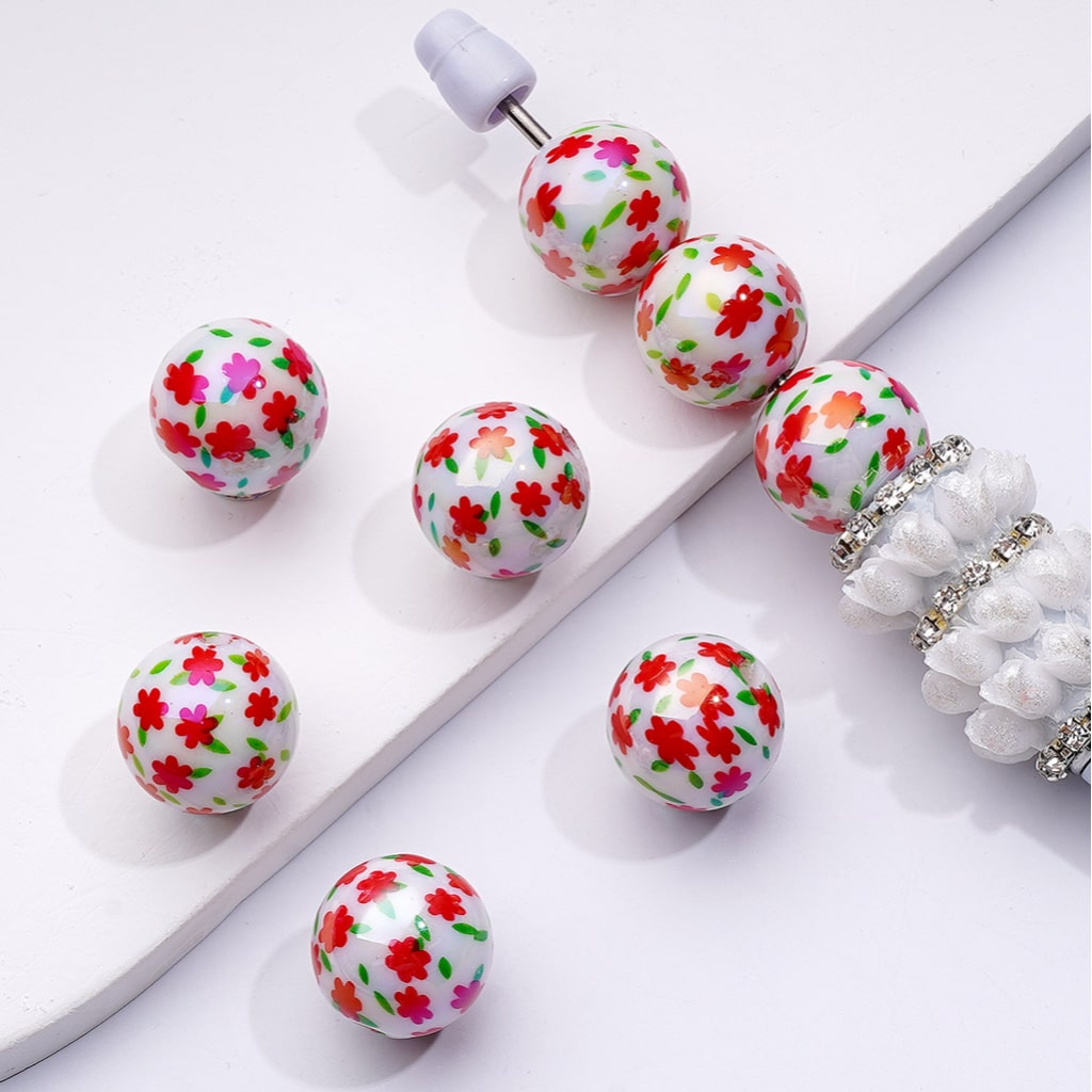 UVコーティング ミニ パープル ピンク レッド フラワー ラウンド アクリル ビーズ 16MM