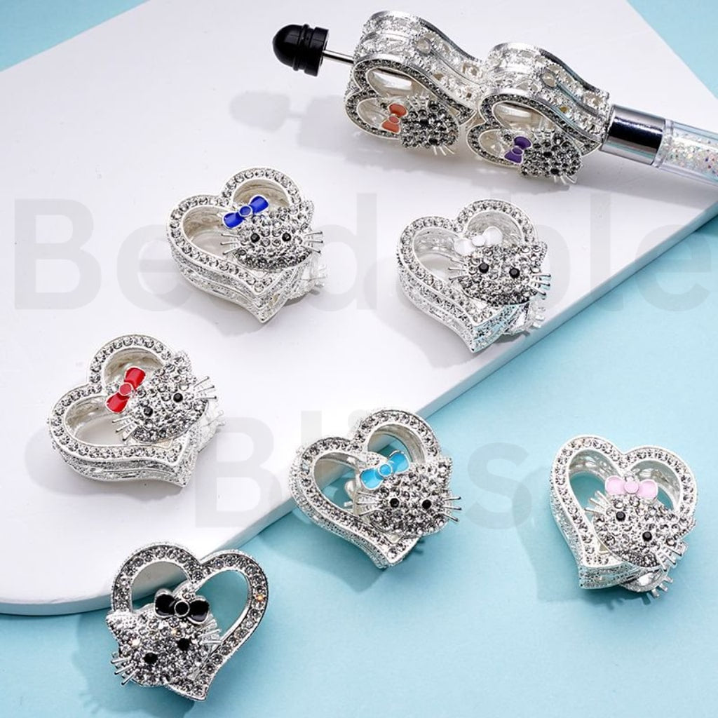 Vivid Cute Silver Alloy Heart HK Kitten with Clear Rhinestones Beads, Around 27*28MM