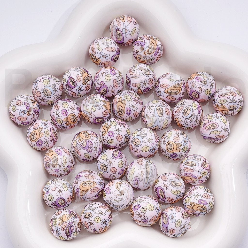 Cute Labub Flowers Printed Silicone Beads 15MM, Number Z-00251