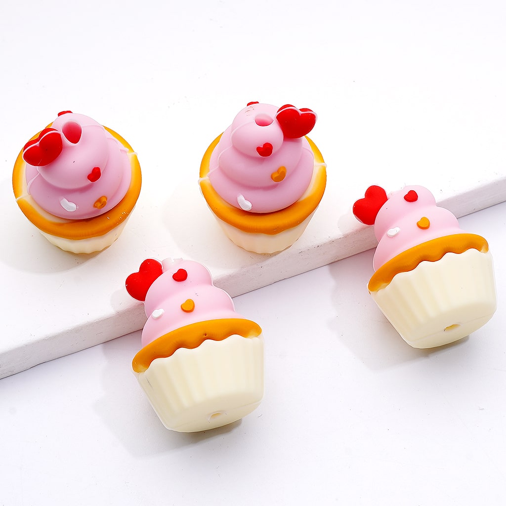 3D Cute Multi-Color Ice Cream Cake Cup with Red Heart Silicone Focal Beads