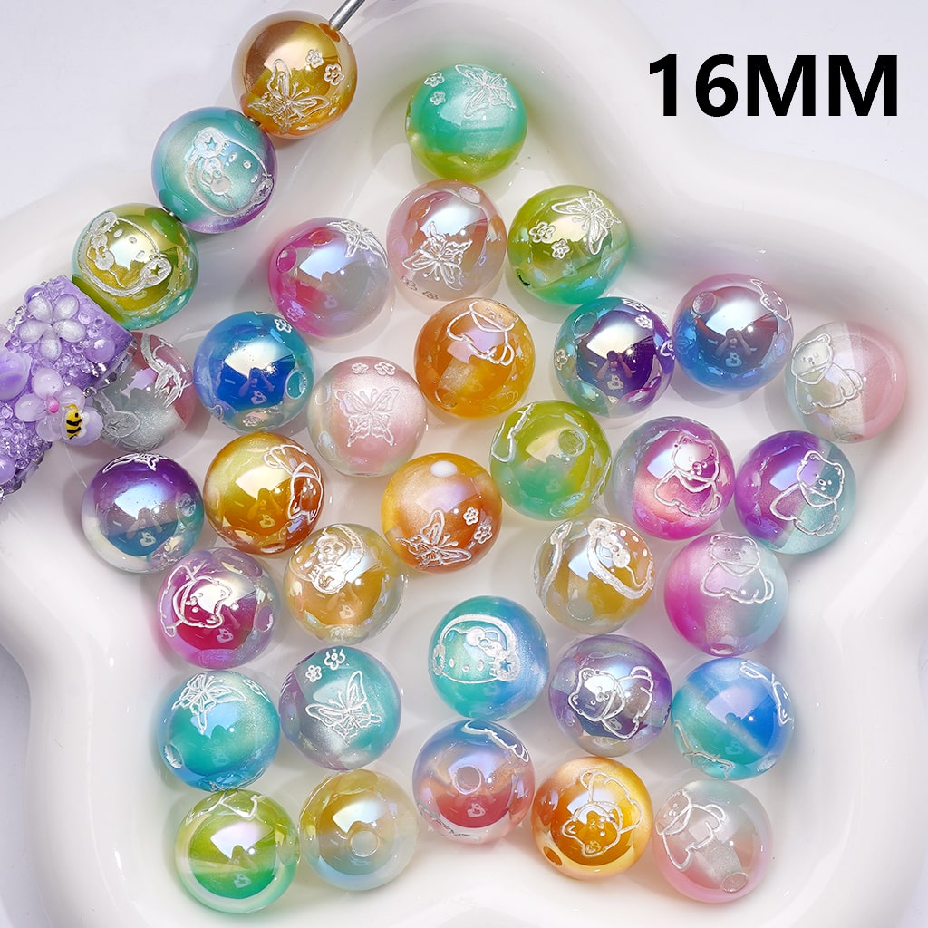 Acrylic Beads Dazzling Double Color Cat Eye Style White Cute Butterfly Girl Cat Prints, 16MM, Random Mix