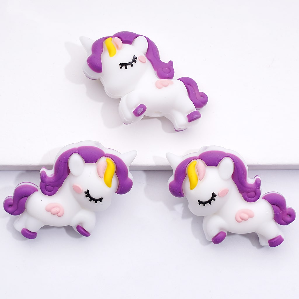 Silicone Focal Beads 3D Unicorn with Purple Mane Tail, Multi-Color