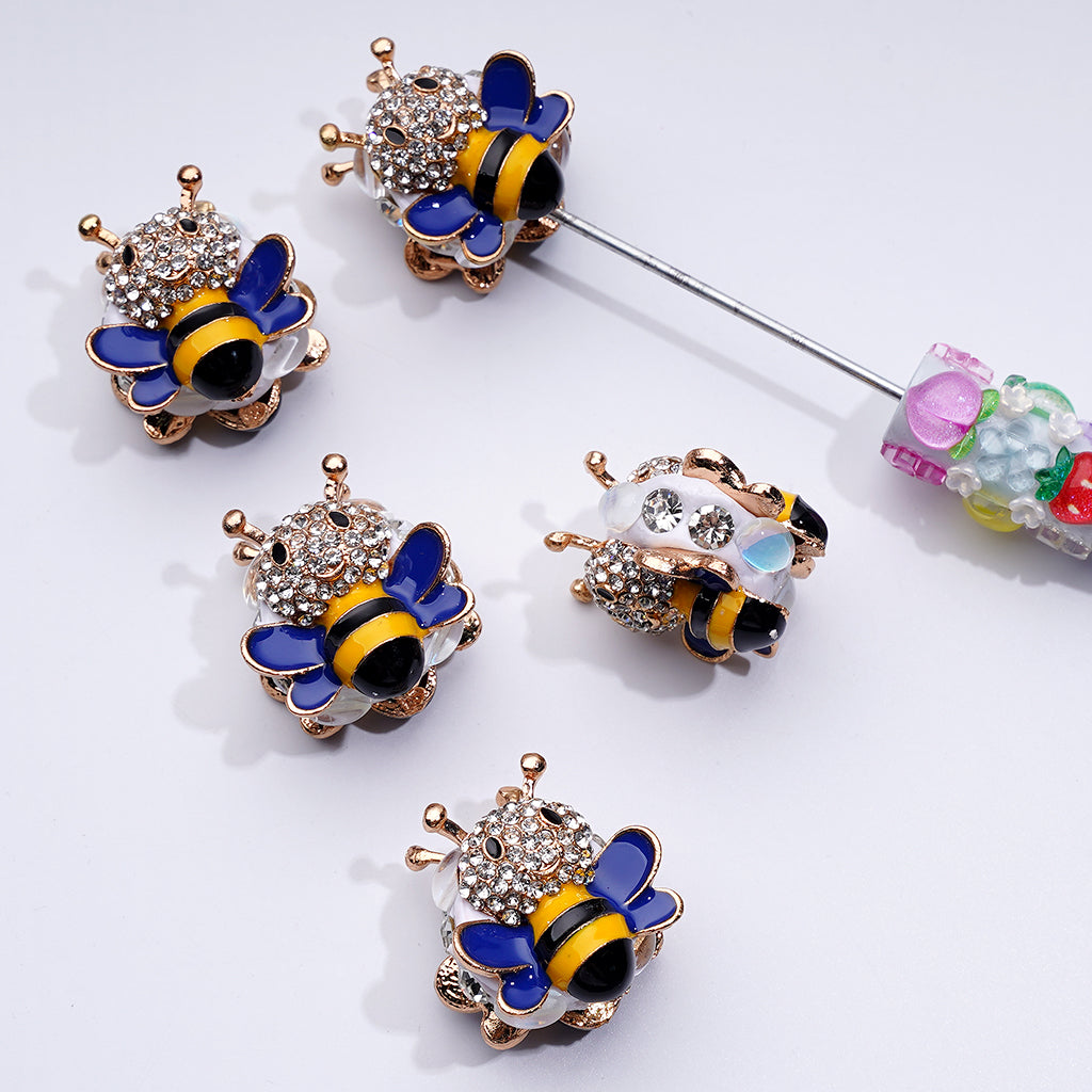 Fancy Mini Cute Alloy Bee with Clear Rhinestones Pearls White Flat Round Clay Beads, Around 27*30MM
