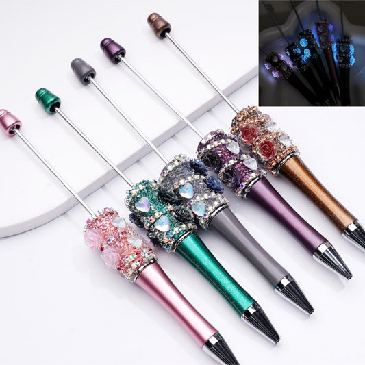 Luminous Beadable Pens with Mini Flower Shiny Rhinestones Chain Heart Diamond in Solid Colors